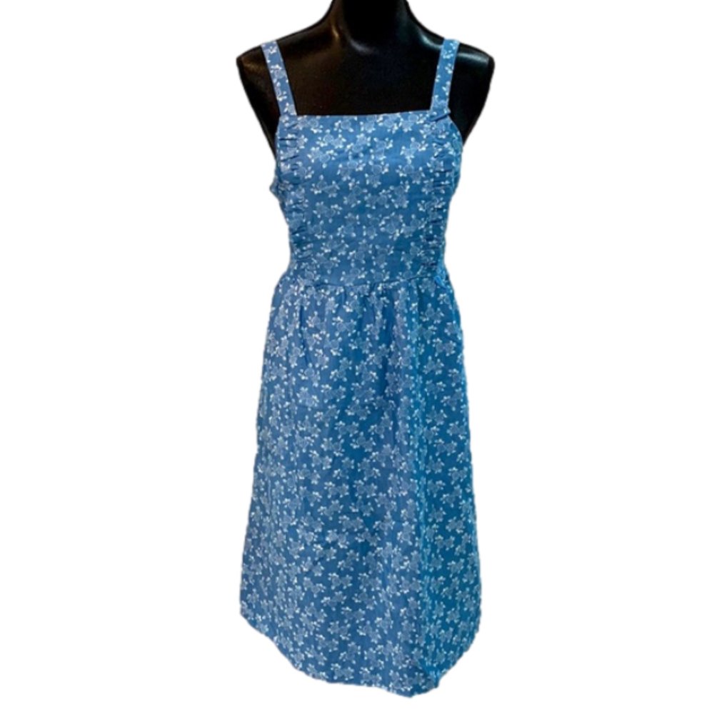 LE Kate Women's Denim Floral Blue Tie Back Sleeveless Cottagecore Midi Dress XL